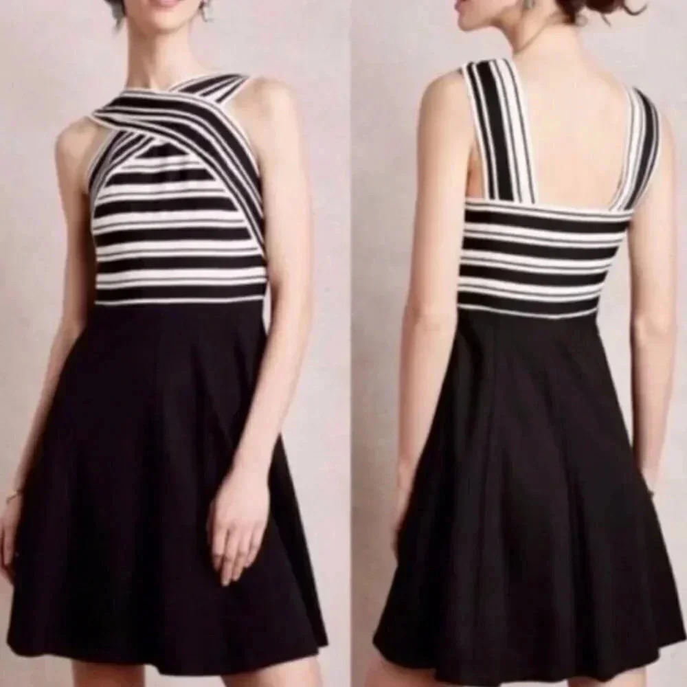 Anthropologie Maeve Crosswise Flare Striped Bandage Black White Dress Size 4